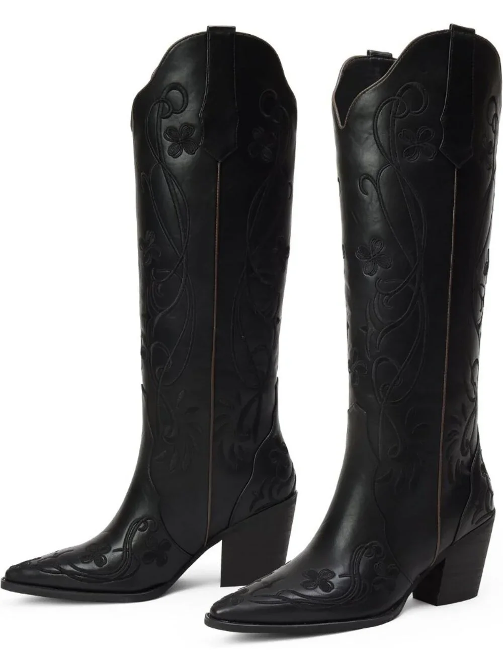 Women's Black pu Knee High Floral Embroidered Vintage Cowgirl Boots